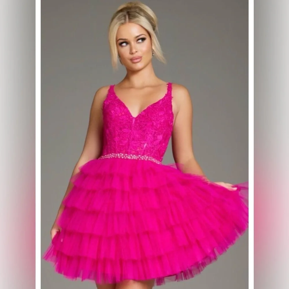 Jovani Fuchsia Lace Tiered Kids Dress